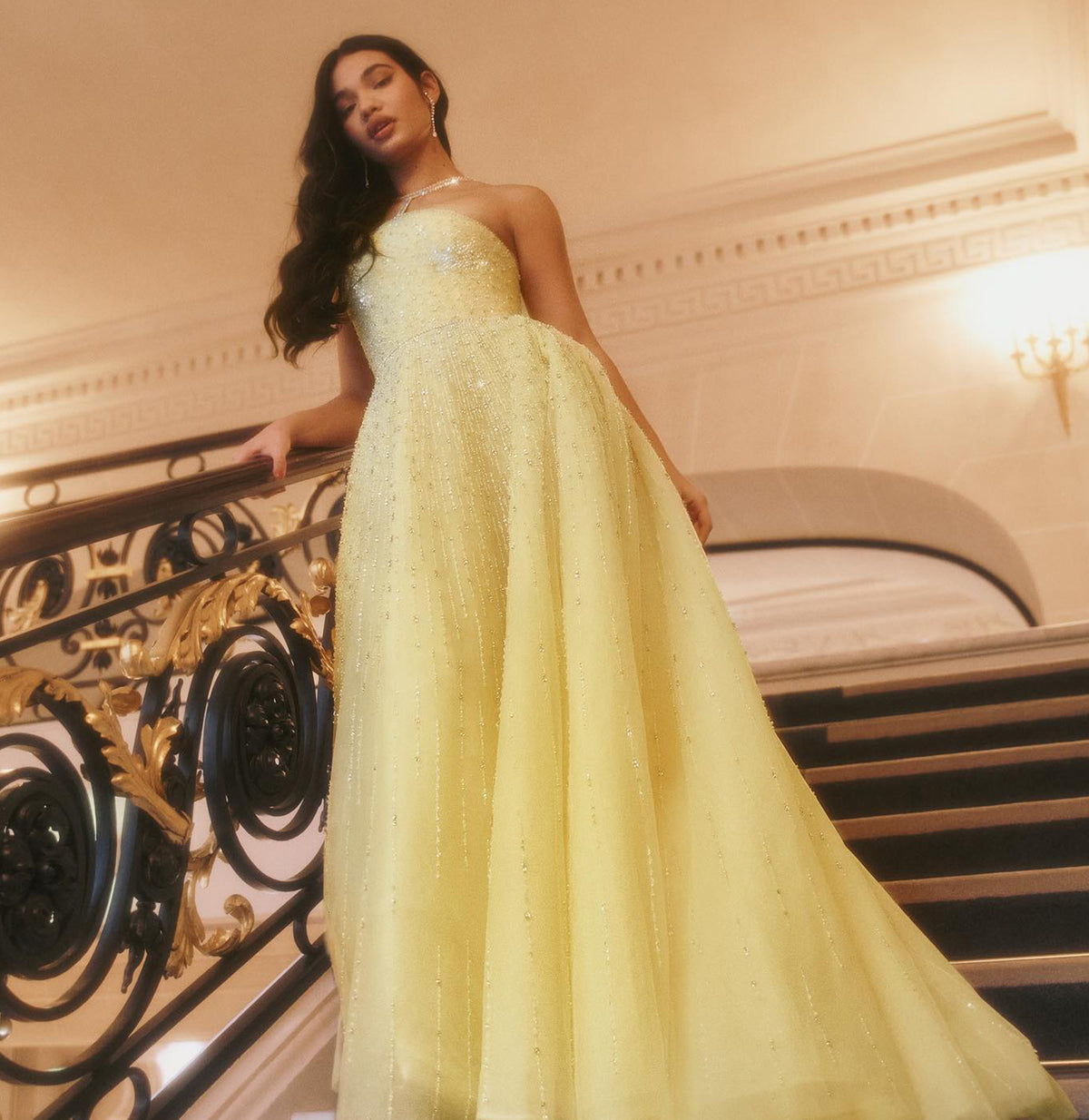 Sparkly Beaded Yellow Halter Neck Evening Dress with Gloves SS313