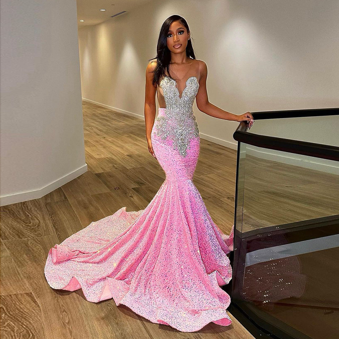 Luxury Pink Sequined Mermaid Crystal Prom Dresses with Train RM061