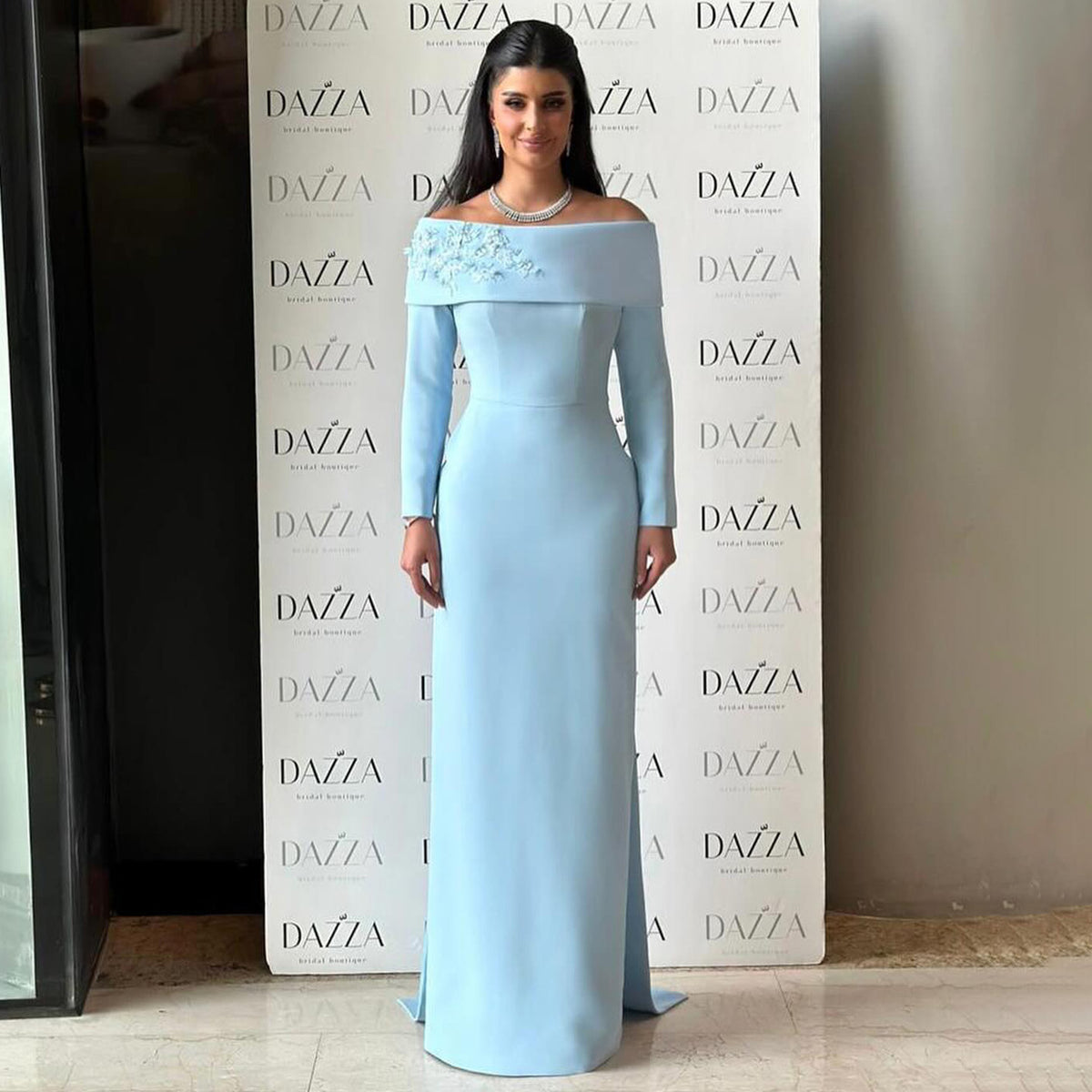 Elegant Pearls Off Shoulder Blue Evening Dress SF404