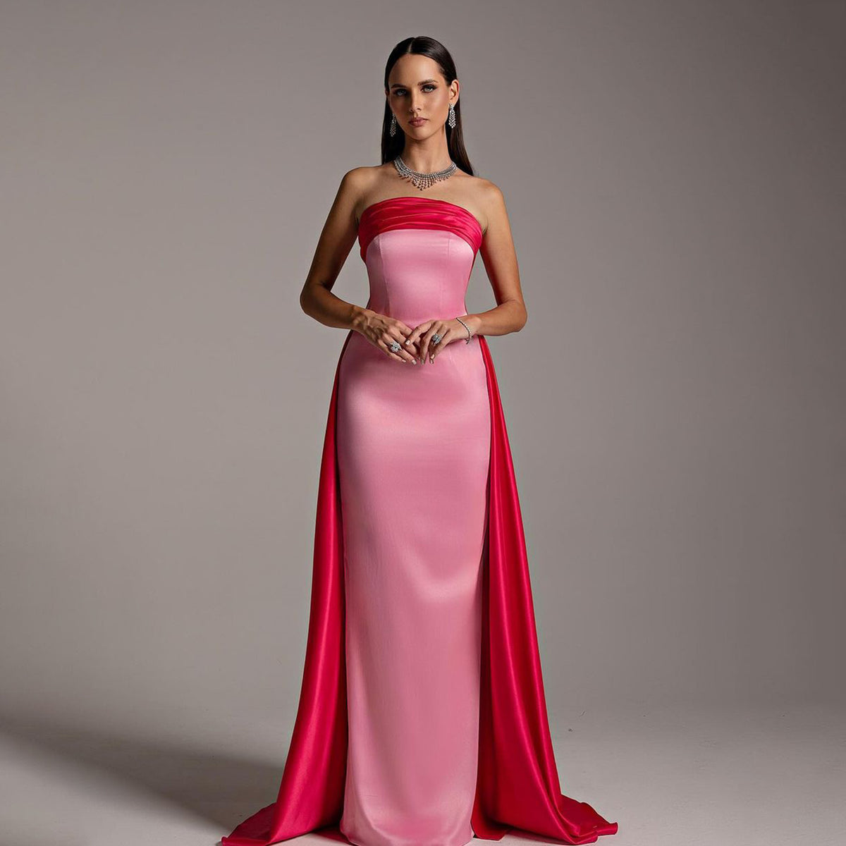 Elegant Pink&Red Strapless Satin Evening Dress with Overskirt SF293