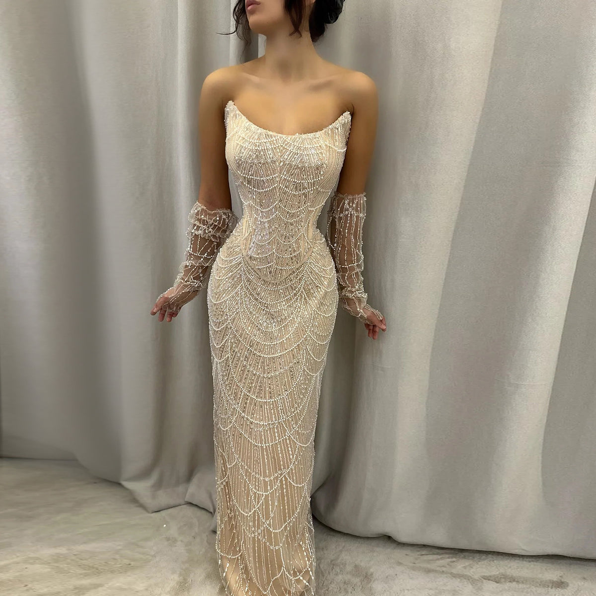 Luxury Beaded Black Strapless Evening Dress with Sleeves SS685