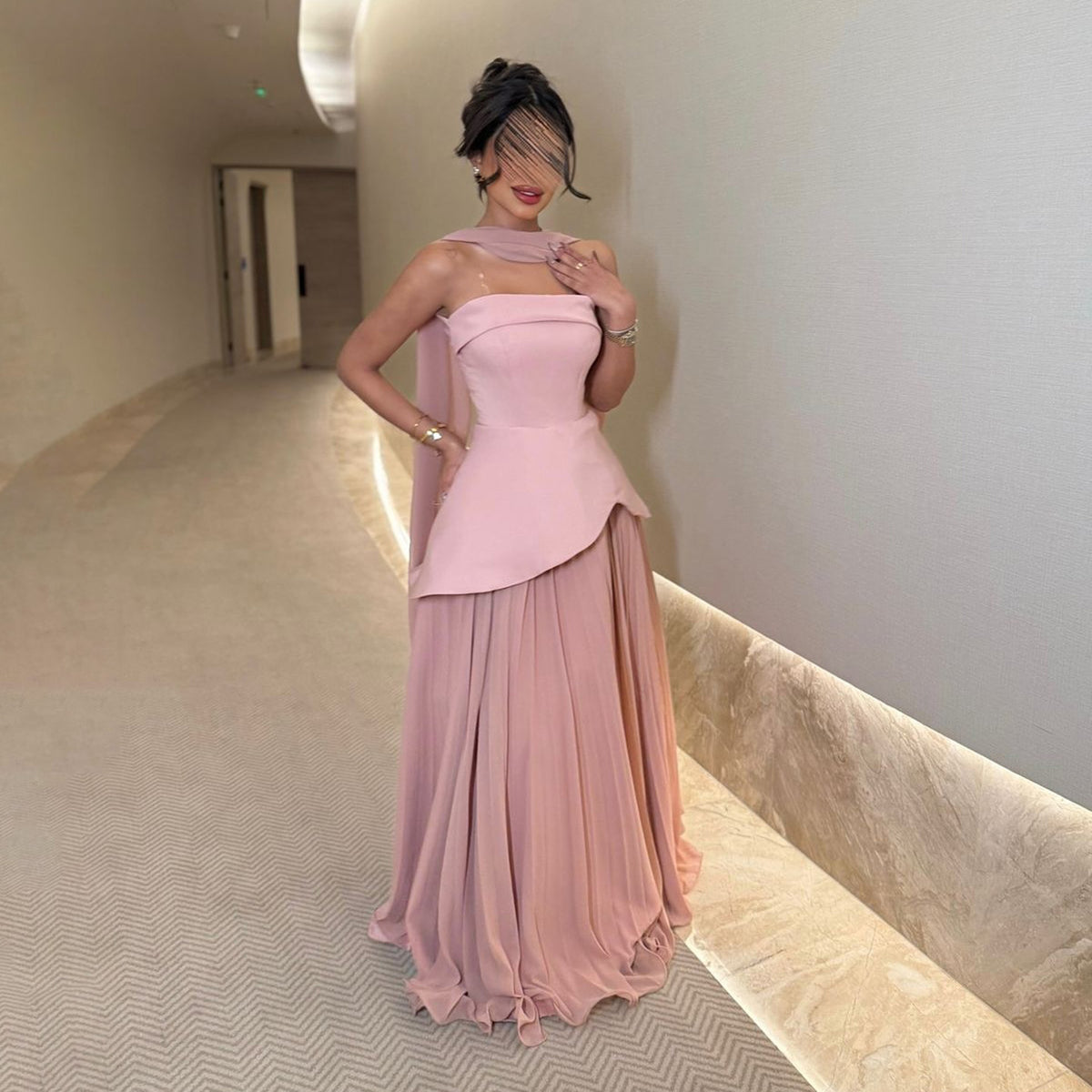 Elegant Pink Strapless Evening Dress with Scarf SF566