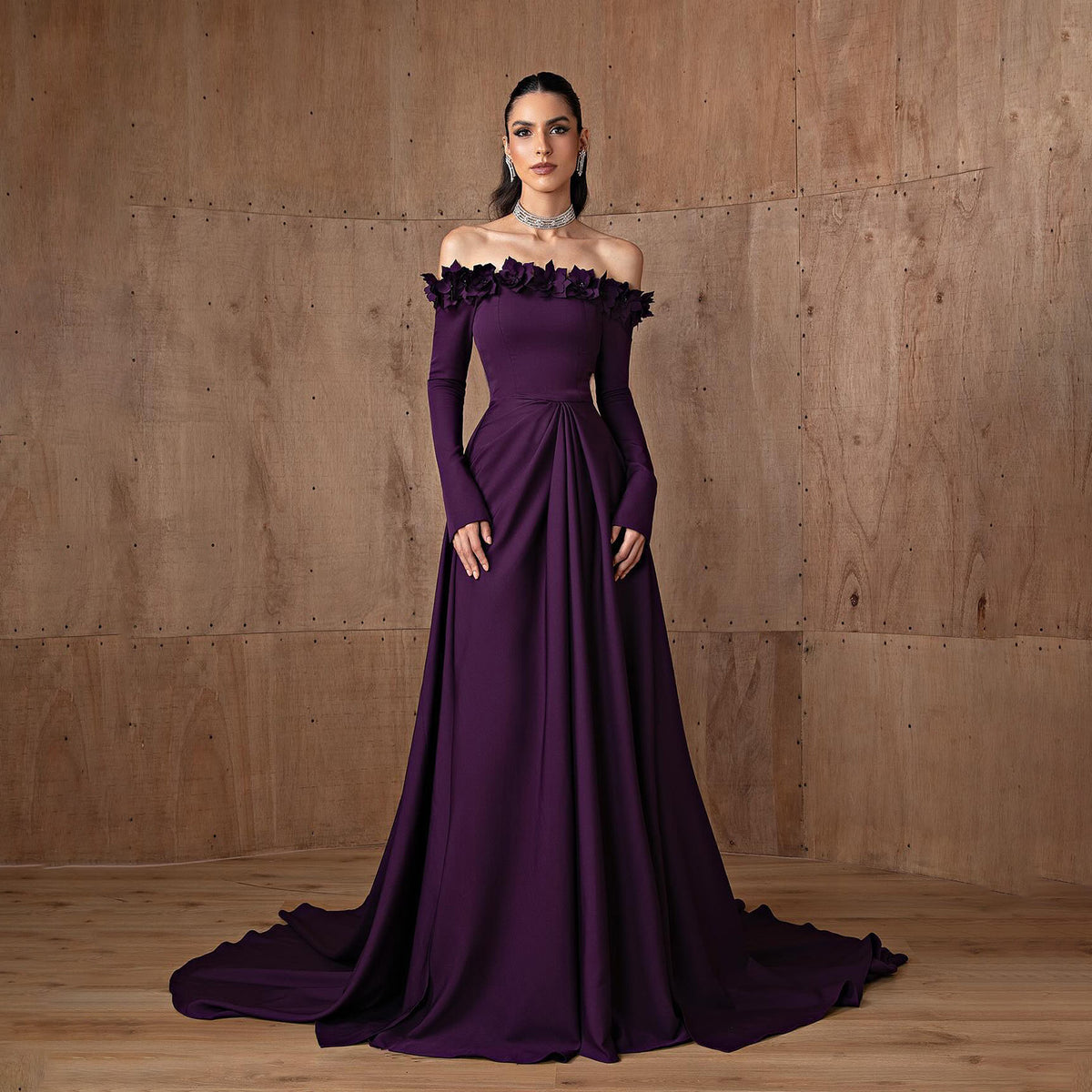 Elegant 3D Floral Purple Evening Dress with Overskirt SF376