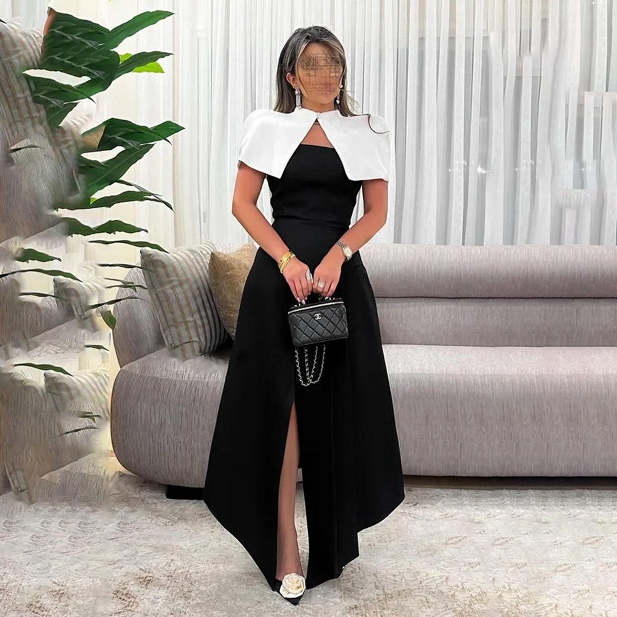 Elegant Black&White A-Line Satin Evening Dress with Cape SF415