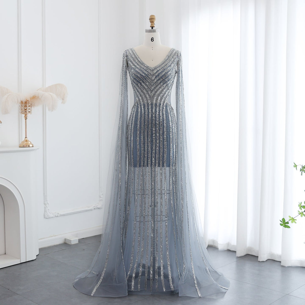 Luxury Beaded Blue V-Neck Mermaid Evening Dress with Cape Sleeves SS251