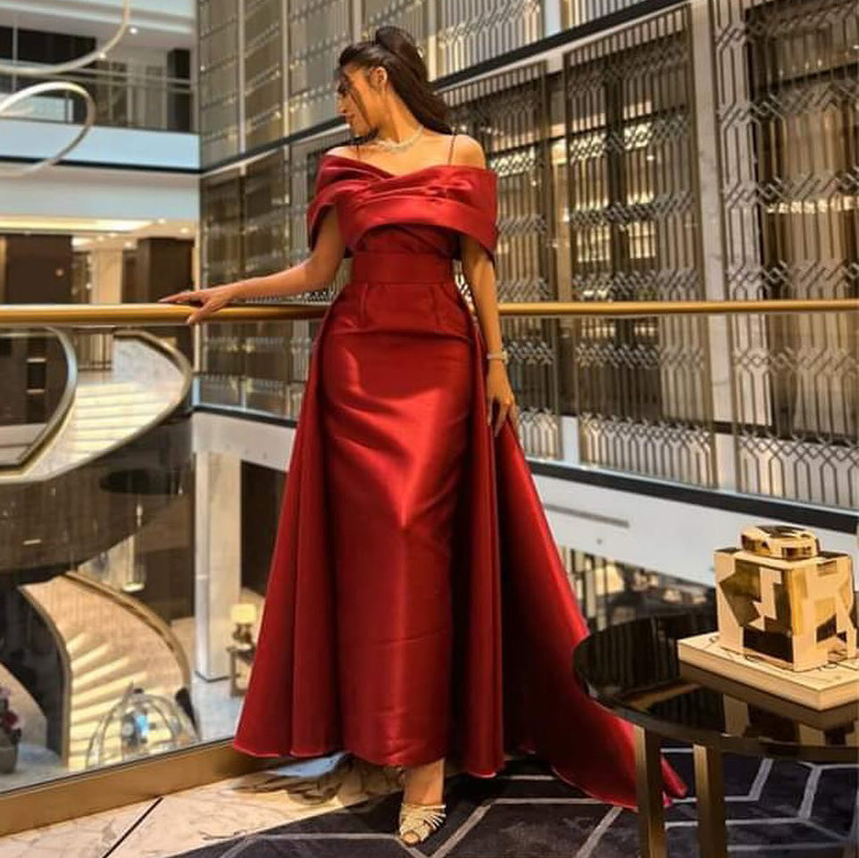 Elegant Burgundy Off Shoulder Evening Dress with Overskirt SF275