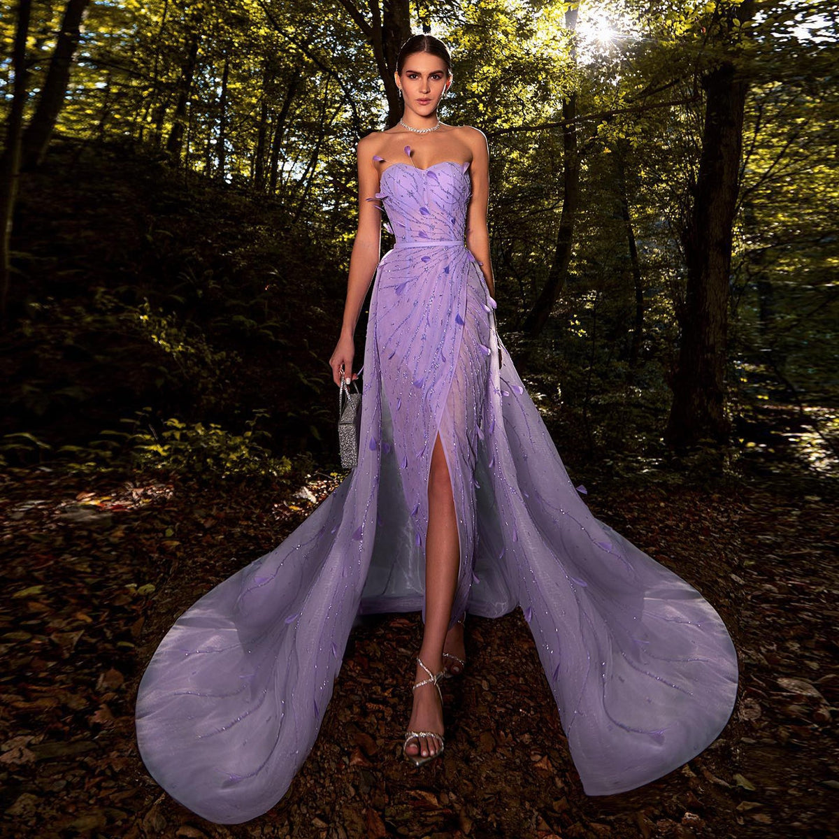 Luxury Feathers Beaded Lilac Evening Dress with Overskirt SS456