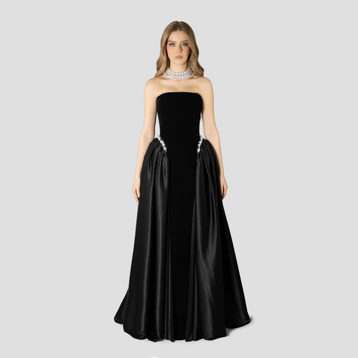 Elegant Black Strapless Evening Dress with Overskirt SF534