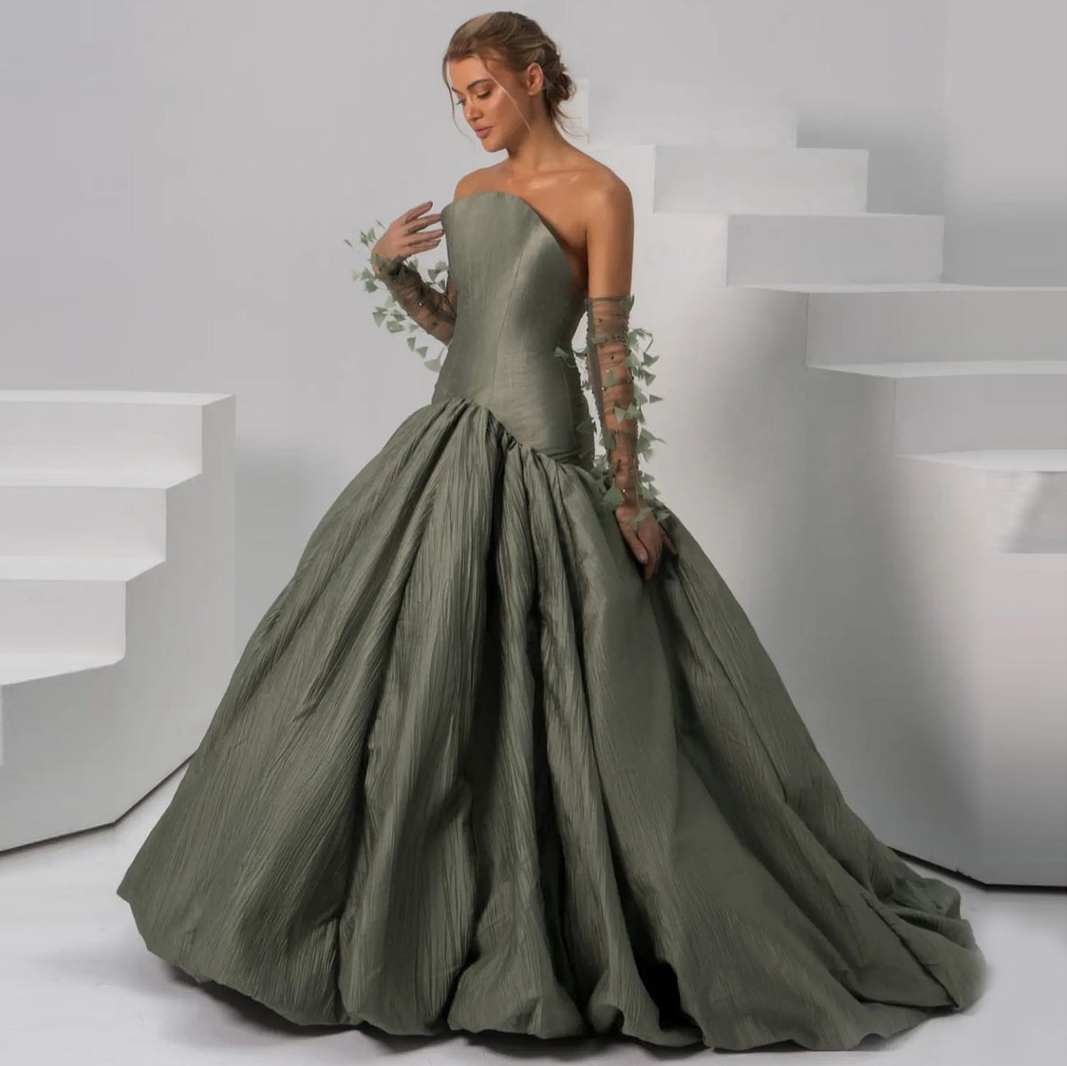 Elegant Agave Mermaid Evening Dress with Feather Gloves SF211