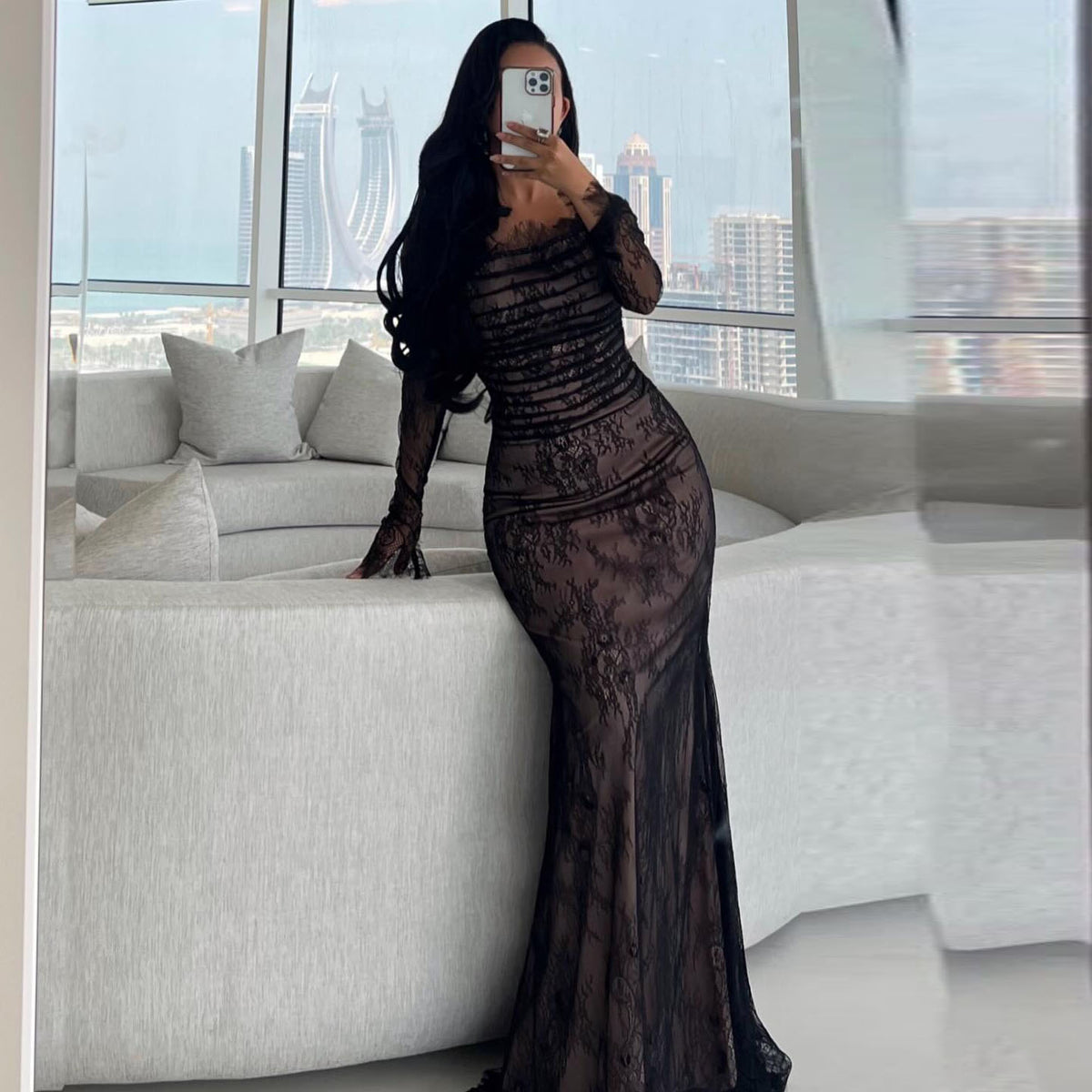 Luxury Black Long Sleeves Strapless Lace Evening Dress SF125