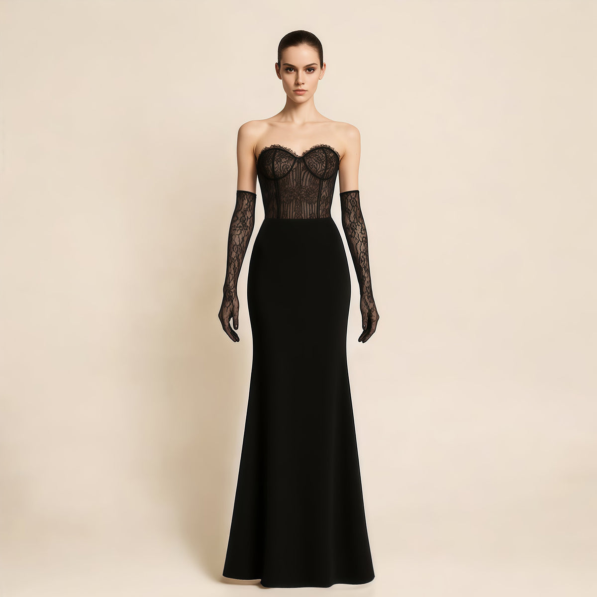 Elegant Lace pattern Sweetheart Black Evening Dress with Gloves SF216