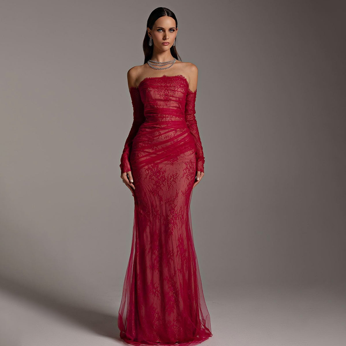 Elegant Strapless Red Long Sleeves Mermaid Evening Dress SF257