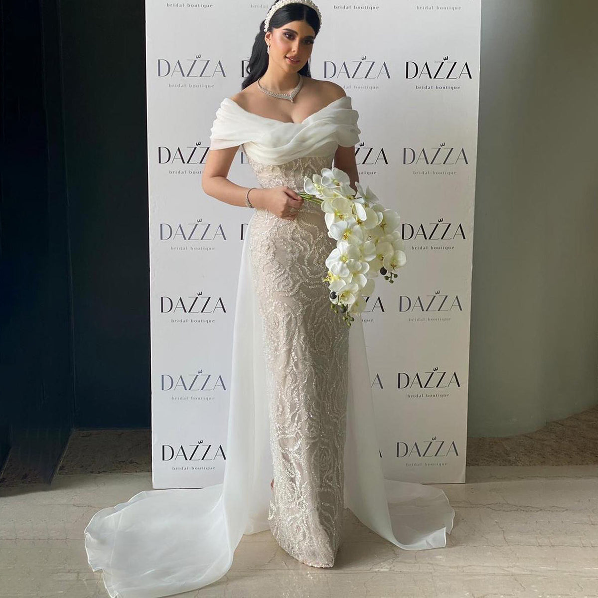 Elegant White Off-Shoulder Sequin Evening Dress with Train SF168