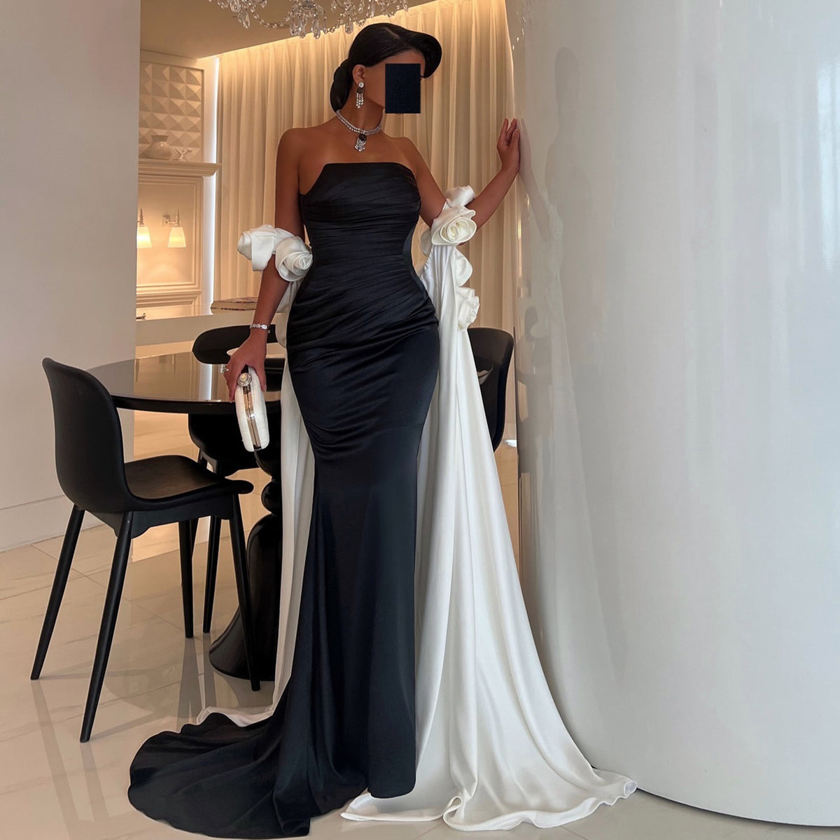 Luxury Floral Black Strapless Evening Dress with Overskirt SF262