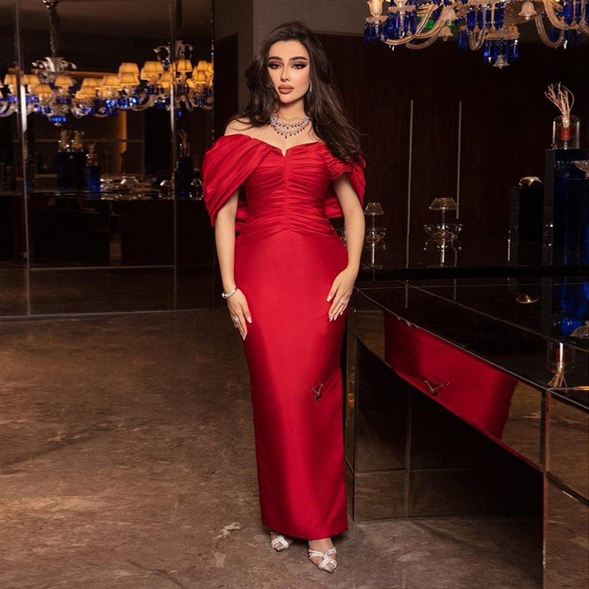 Luxury Red Off Shoulder Sheath Satin Long Evening Dress SF056
