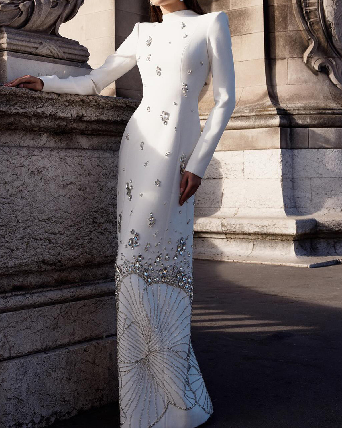 Luxury Crystal White High Neck Long Sleeves Evening Dresses SS258