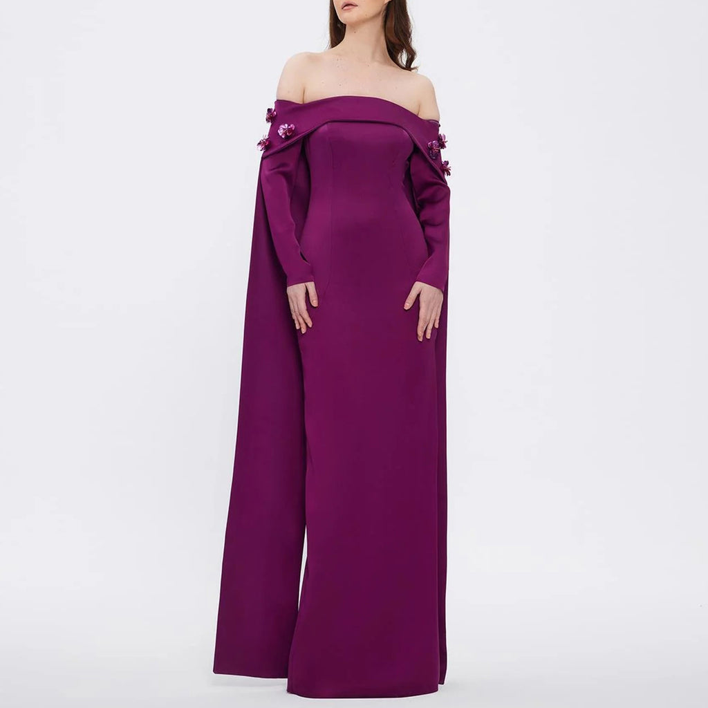 Purple Prom Dress Off Shoulder Long Sleeve 3D Floral Applique Evening Gowns      S6382