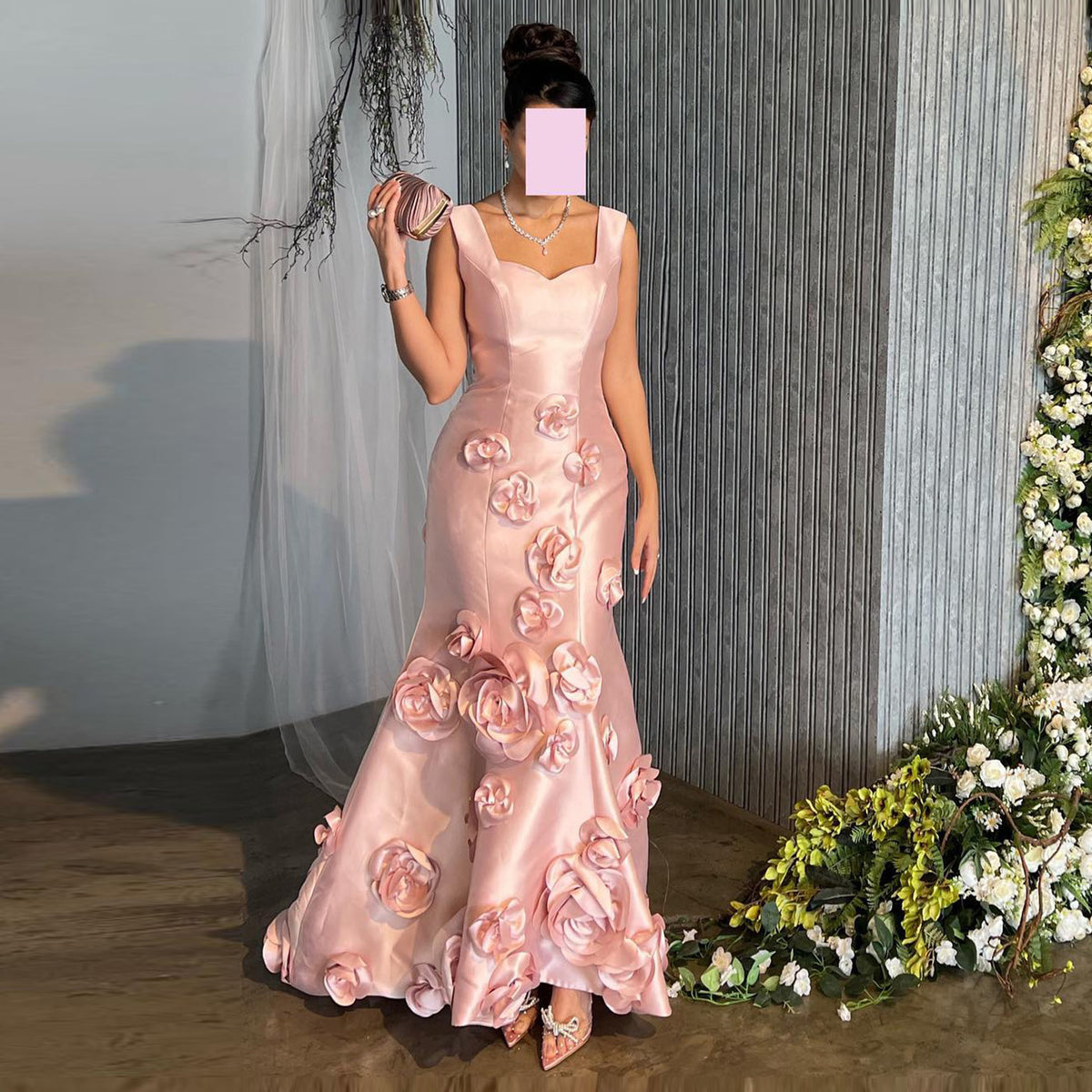 Luxury 3D Floral Pink Mermaid Satin Evening Dress SF081