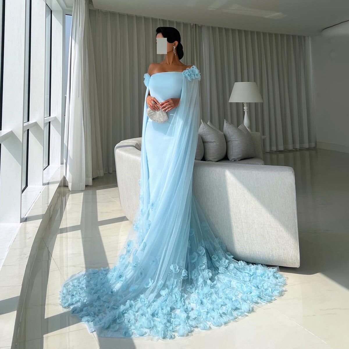 Luxury Crystal Blue 3D Floral Evening Dress with Cape SF166