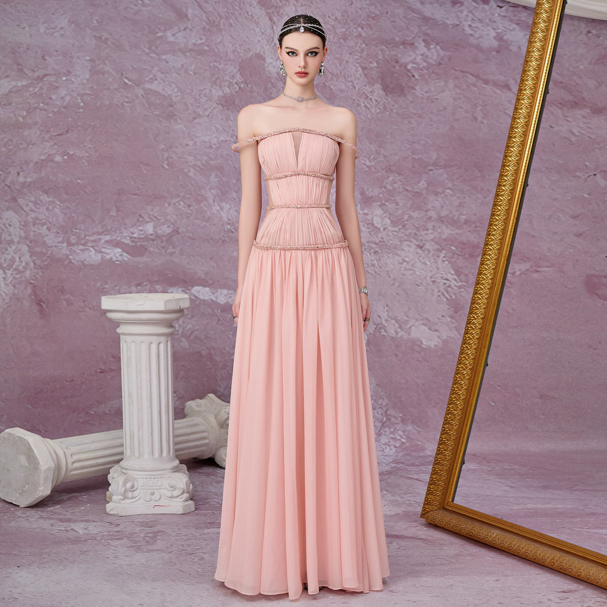 Luxury Pink Crystal Strapless Pleated Evening Dress with Cap SF420