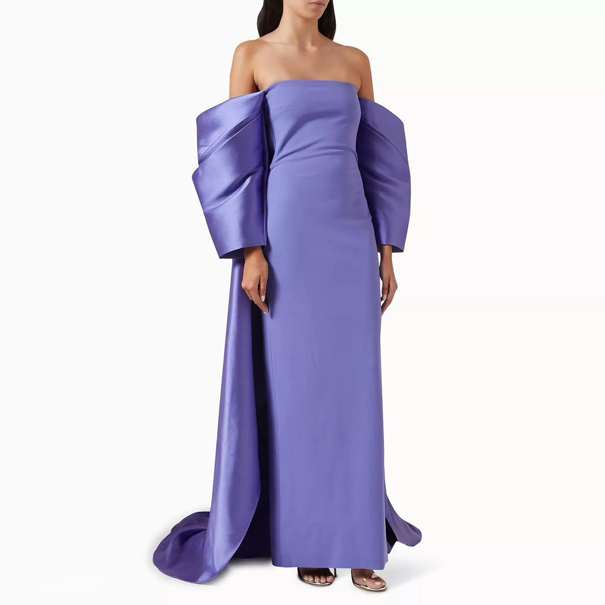 Classic White Strapless Satin Evening Dress with Cape SF399