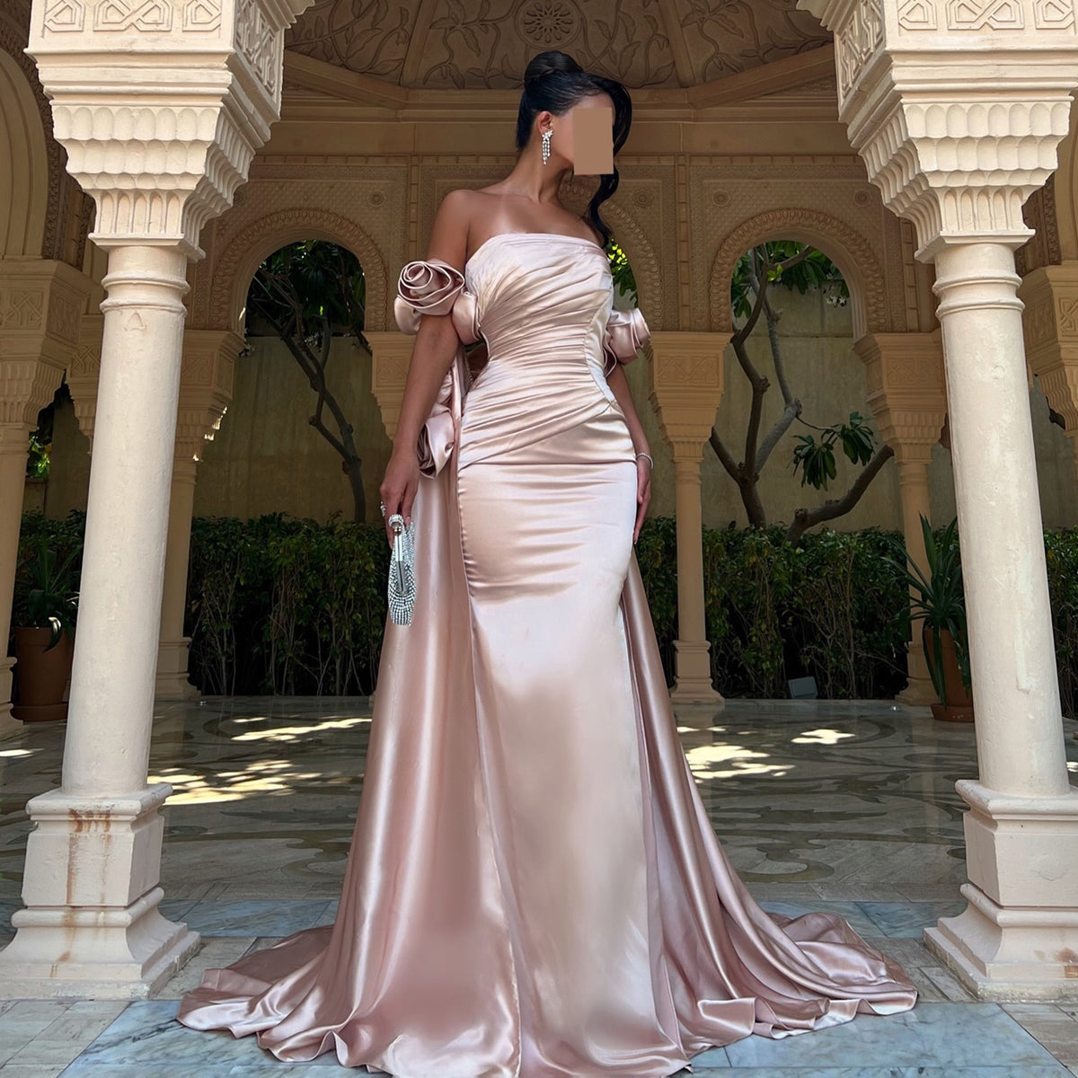 Chic 3D Floral Rose Gold Evening Dress with Overskirt SF263