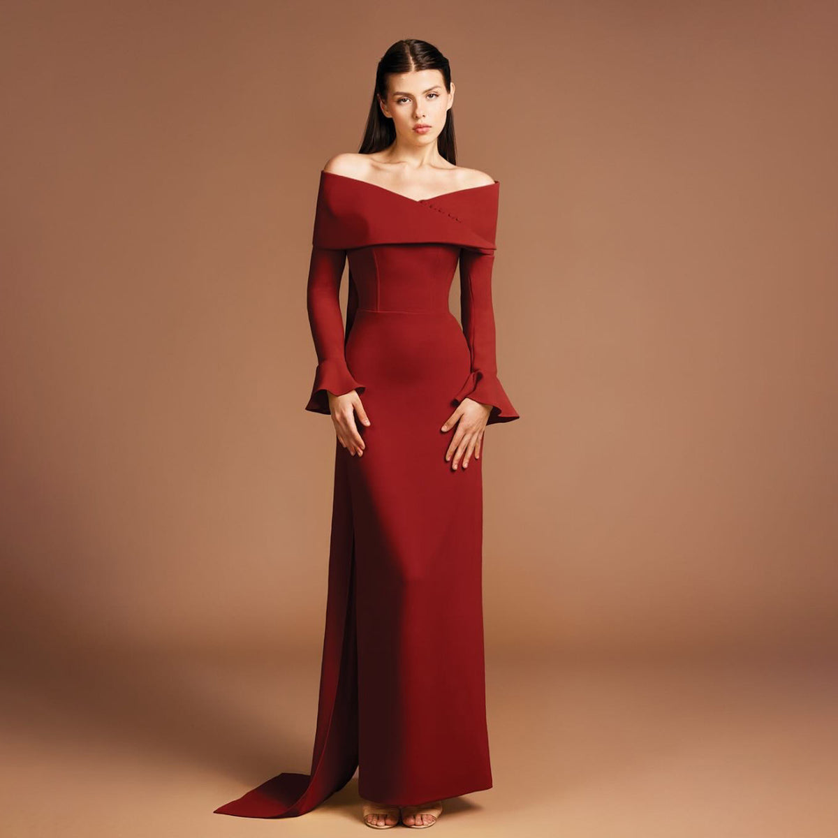 Elegant Burgundy Long Sleeves Evening Dress SF172