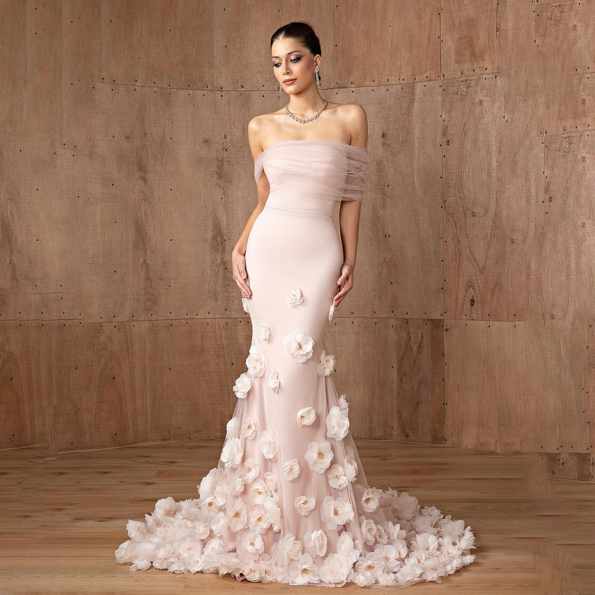 Elegant Pink 3D Flowers Off Shoulder Evening dress SF383