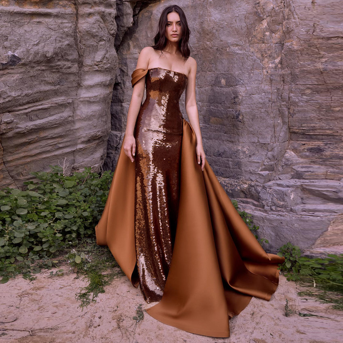 Stunning Sequined Brown Evening Dress with Overskirt SF236