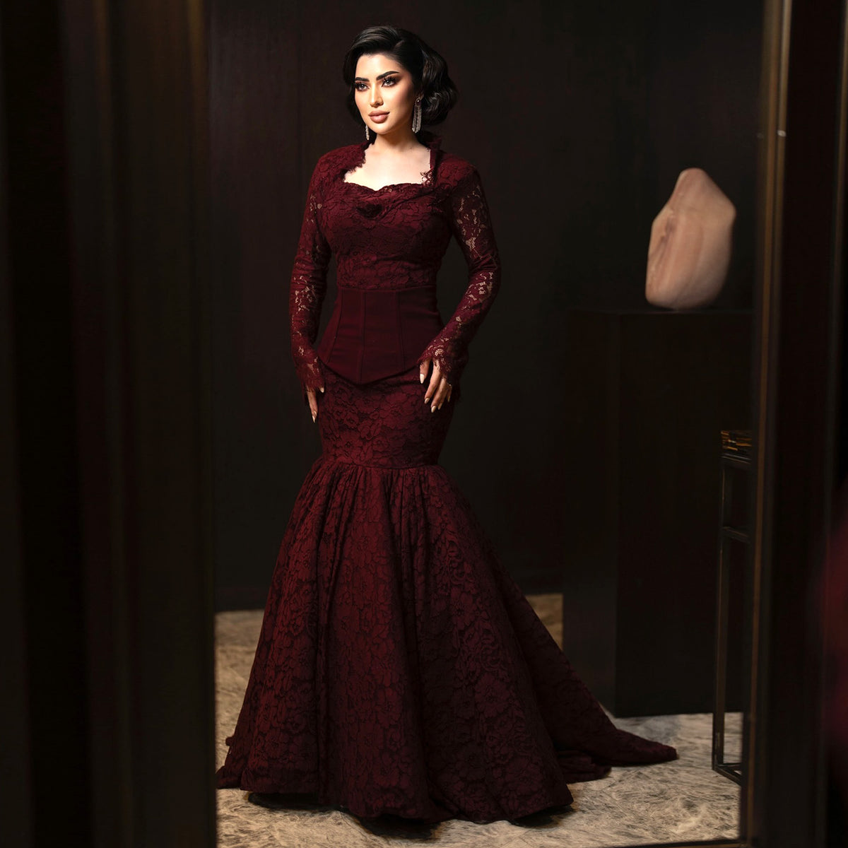 Sexy Burgundy Long Sleeves Mermaid Evening Dress SF110