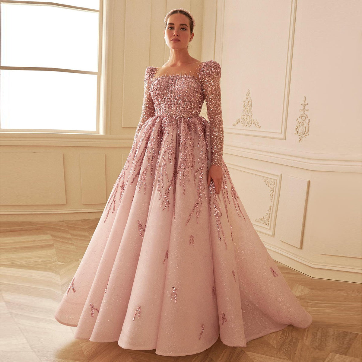 Elegant Dusty Pink Long Sleeves A-Line Evening Dress SS453