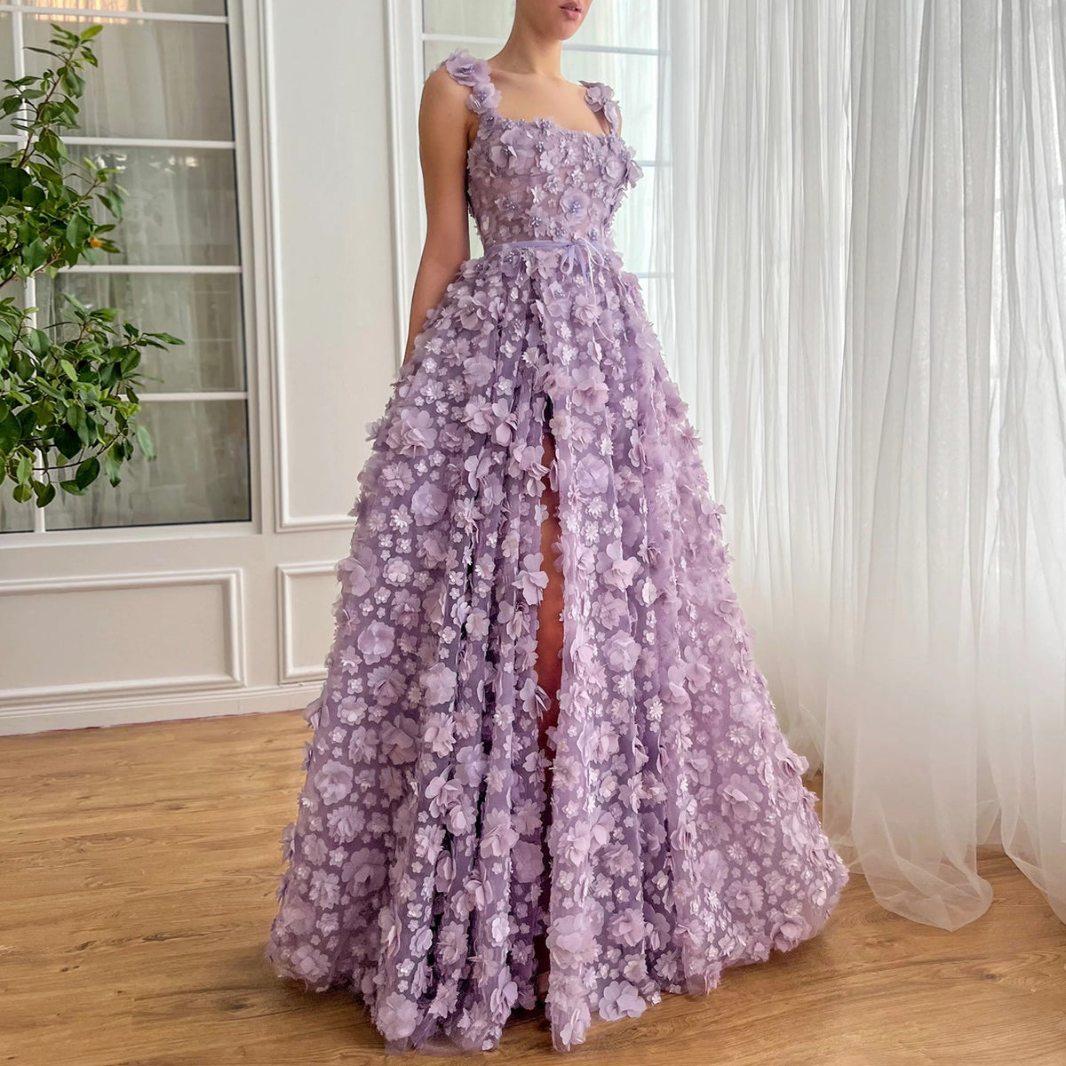 Chic Lilac 3D Embroidered Flowers Evening Dress with High Slit SS357