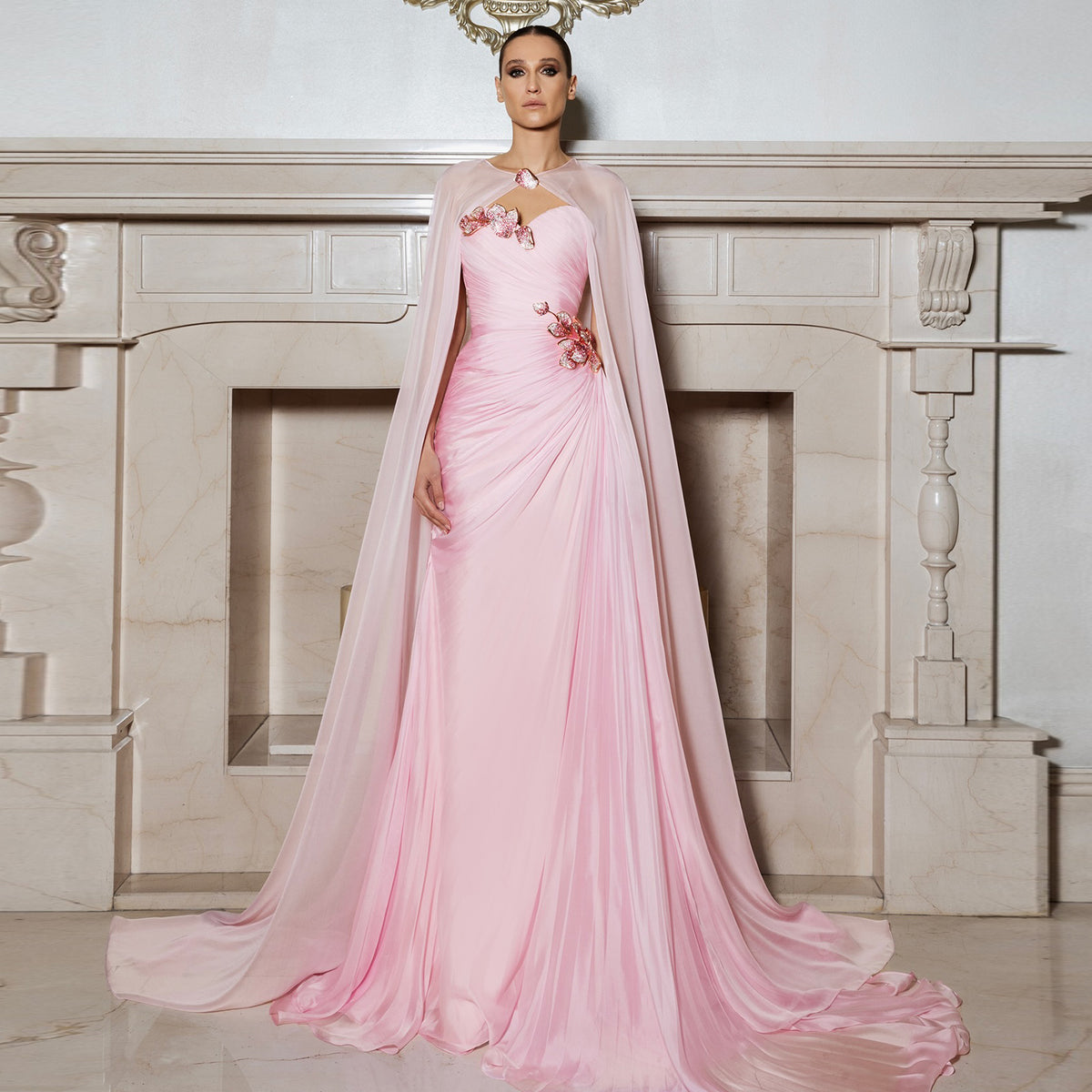 Elegant Romantic Light Pink Evening Dress with Cape SF223