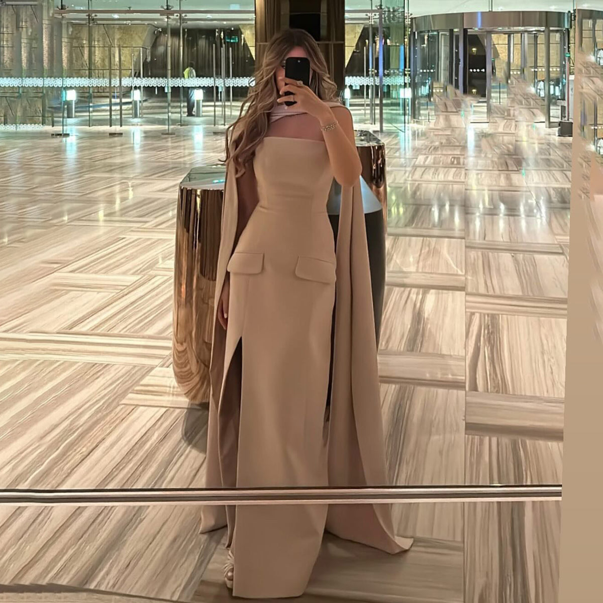 Elegant Nude Strapless Satin Evening Dress with Scarf SF160