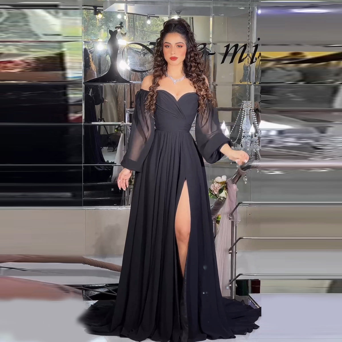 Elegant Black A-Line Long Sleeves Evening Dress with Slit SF045