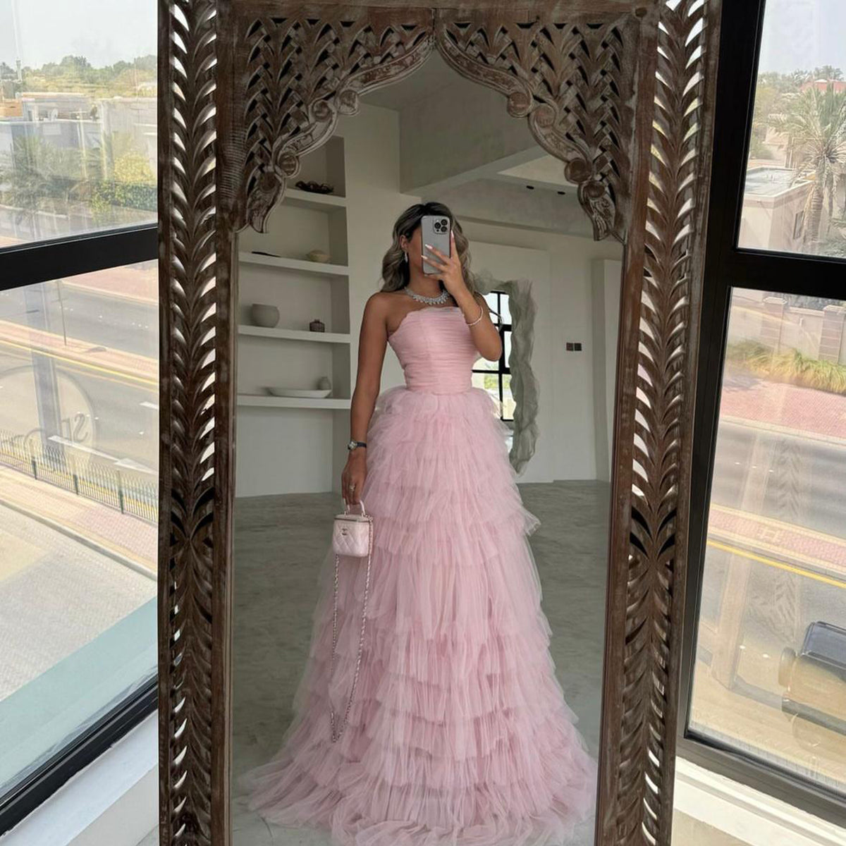 Luxury Strapless Pink Tiered A-Line Evening Dress SF405