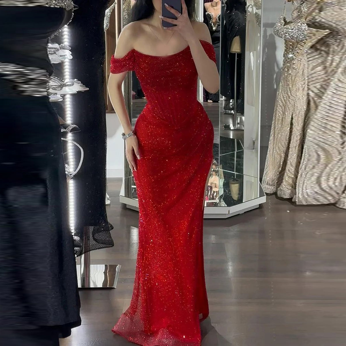 Elegant Red Off Shoulder Evening Dress with Side Slit SF163
