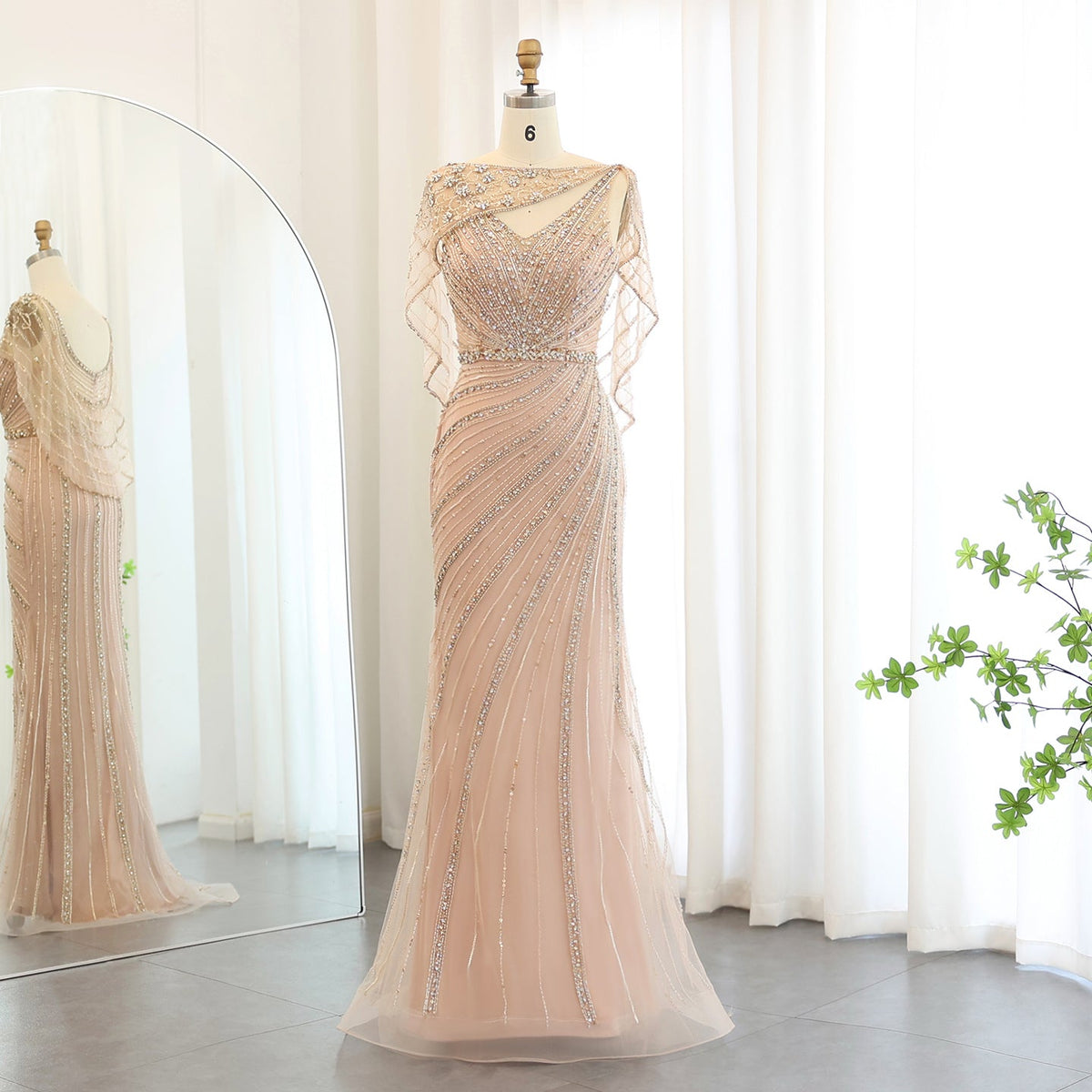 Elegant Beaded Champagne Mermaid Evening Dress with Cape SS122