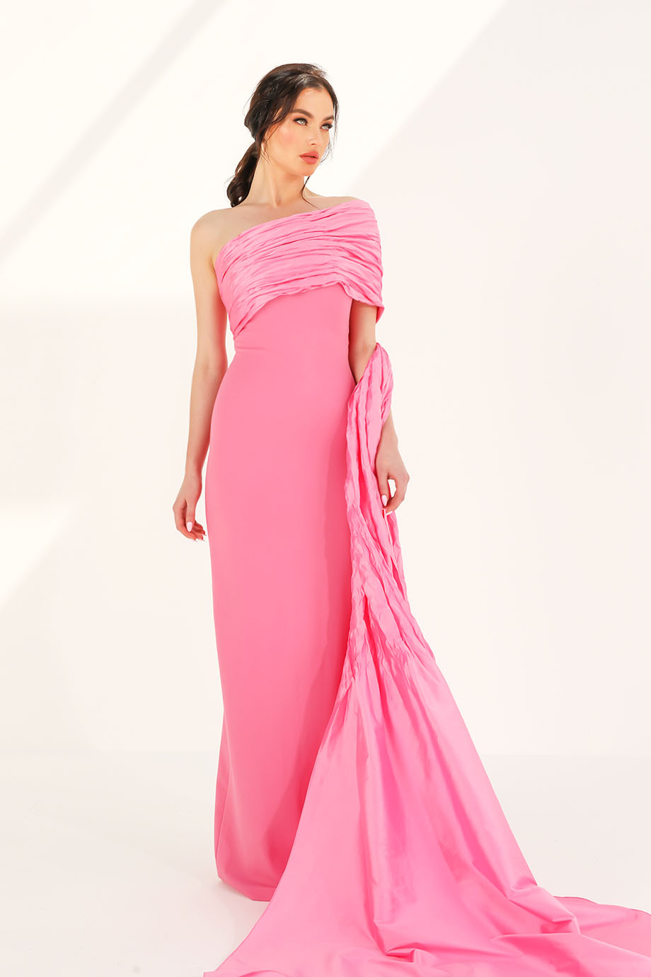Pink One Shoulder Beaded Evening Gown With Overskirt for Formal Occasion LA72887 2025