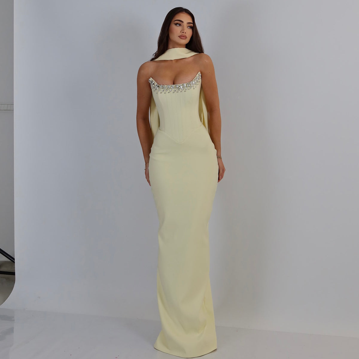 Elegant Light Yellow Beaded Evening Dress with Scarf SF276