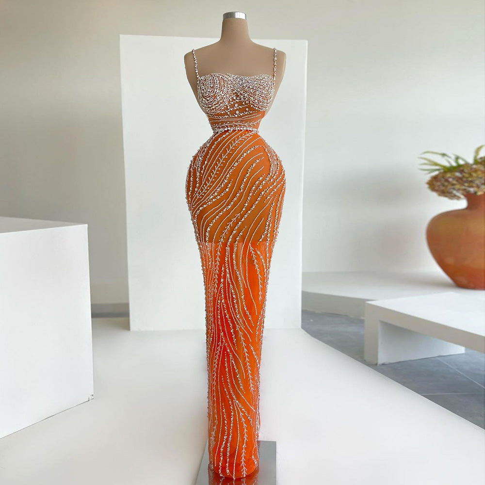 Luxury Beaded Orange Spaghetti Straps Mermaid Evening Dresses RM155