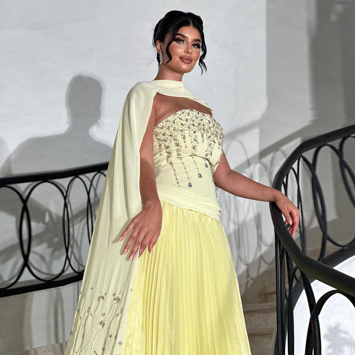 Graceful Crystal Yellow Strapless Evening Dress with Scarf XD-009
