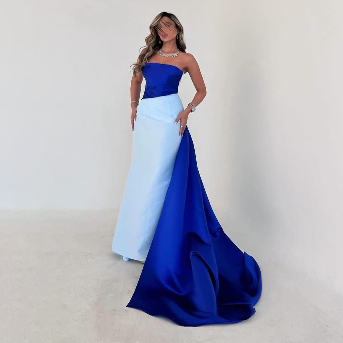 Luxury Splicing Blue Strapless Sheath Satin Evening Dress SF064