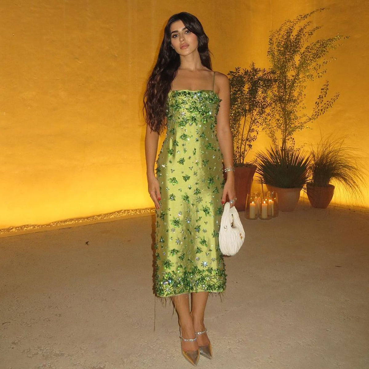 Luxury 3D Floral Beaded Green Spaghetti Straps Midi Evening Dress SS233