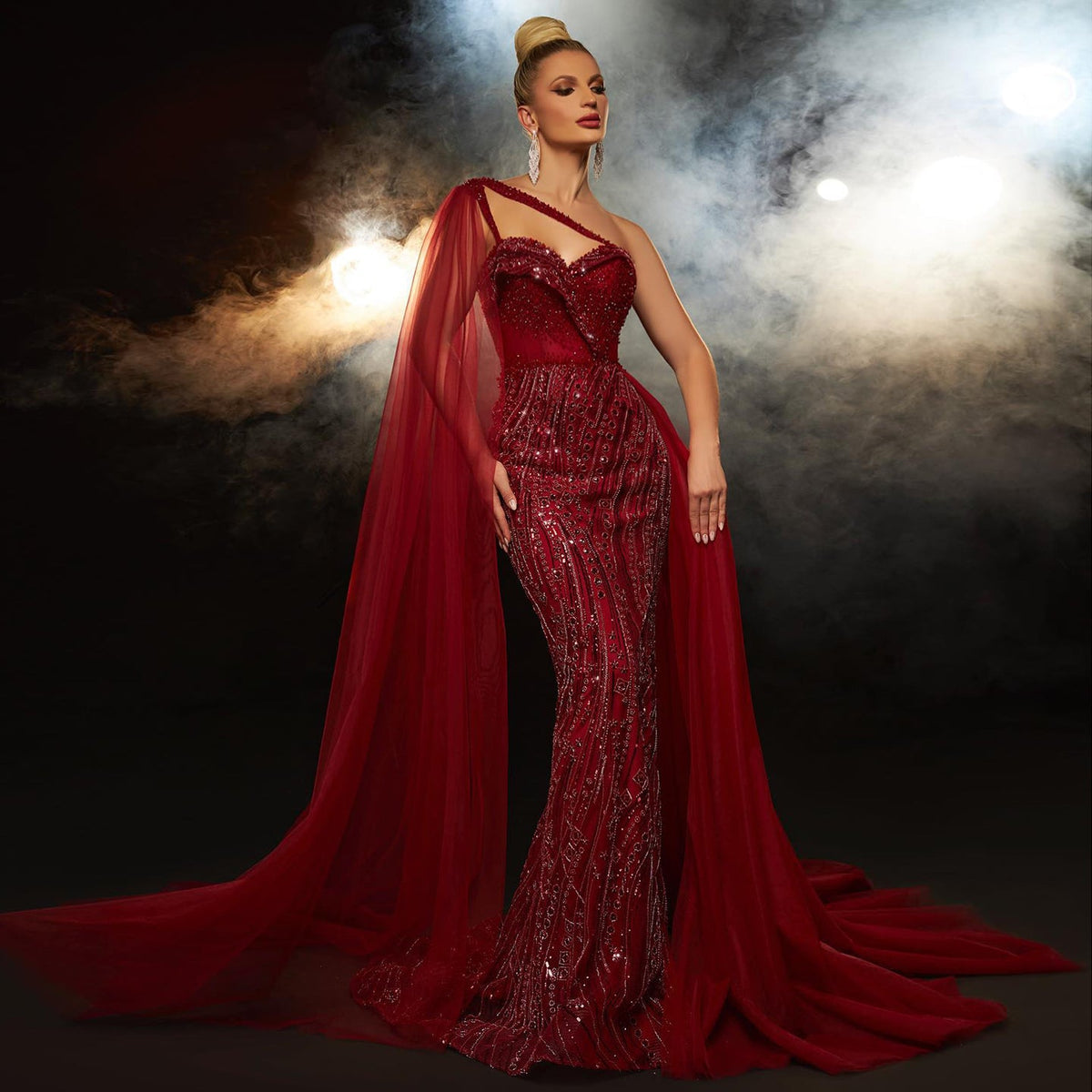 Elegant Burgundy One Shoulder Mermaid Evening Dress with Cape SS129