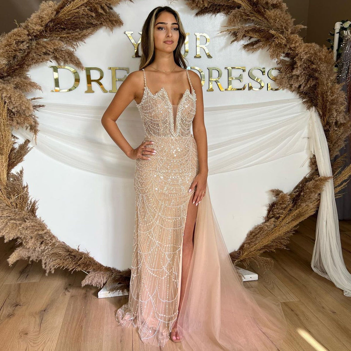 Luxury Pearls Nude Spaghetti Straps Mermaid Evening Dress with Slit SS611