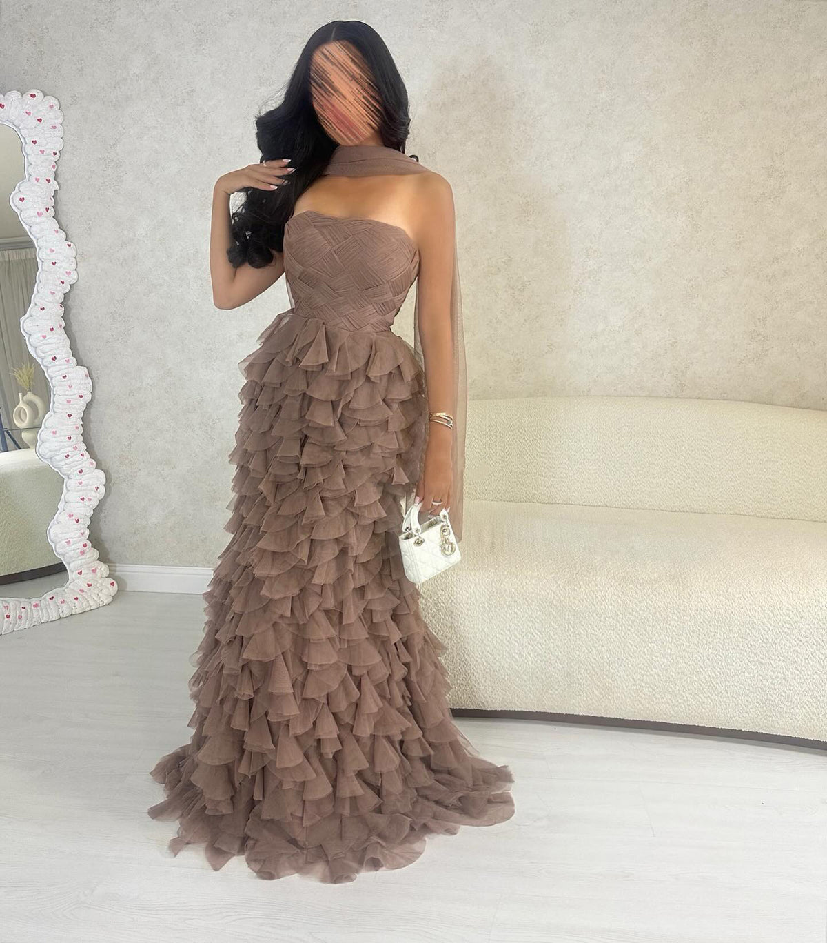 Luxury Light Brown Layered Tulle Evening Dress with Scarf SF233