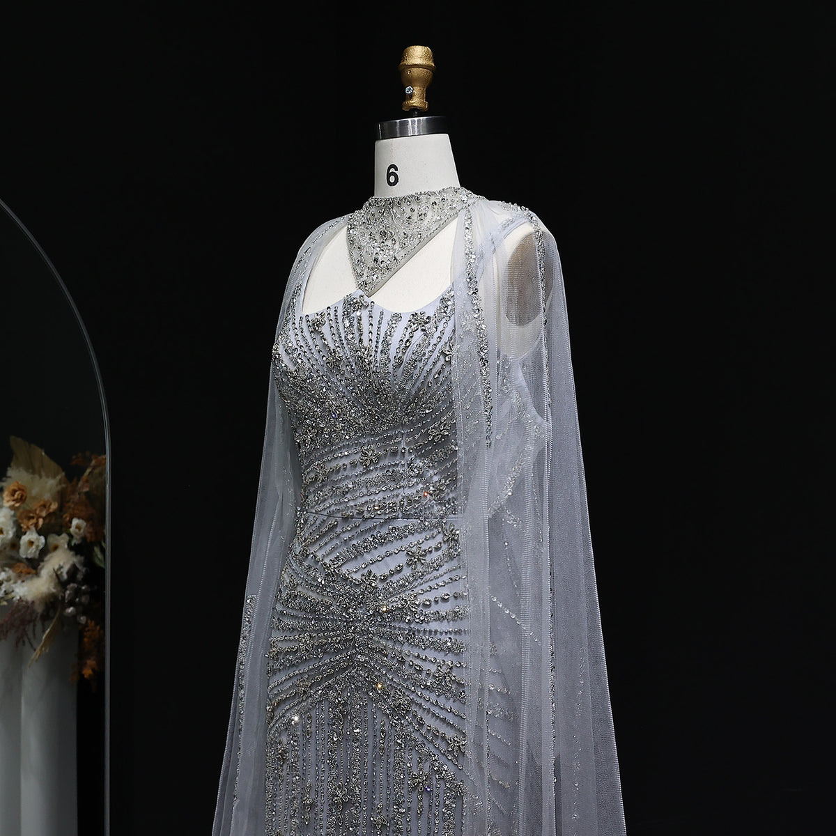 Luxury Champagne Beaded Mermaid Evening Dress with Cape Sleeves SS149