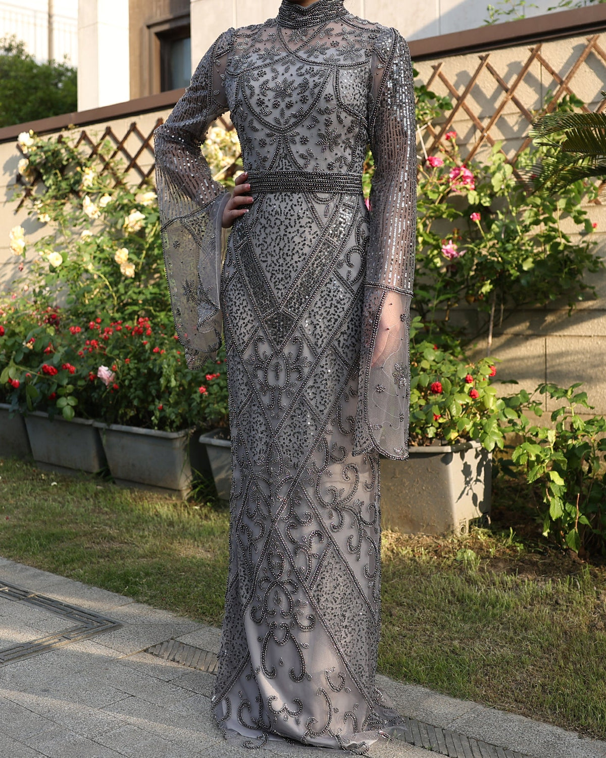 Luxury Beaded Gray Evening Dress with Flare Long Sleeves SS204