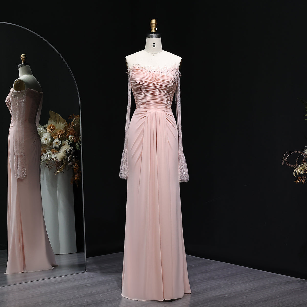 Elegant Crystal Pink Lace Long Sleeve Evening Dress with ruffles SF397